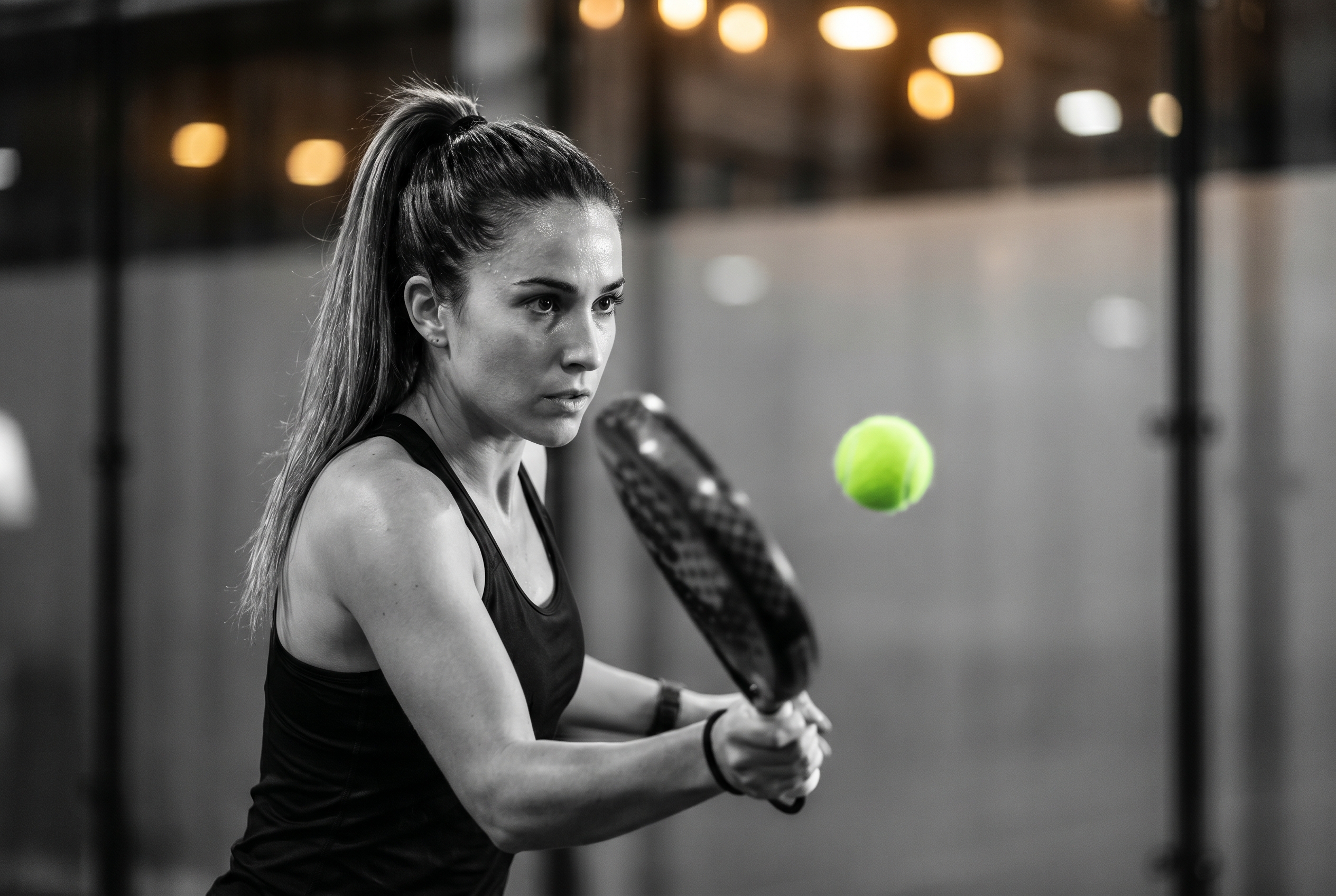 Spielerin mitten im Padel-Match, hochkonzentriert